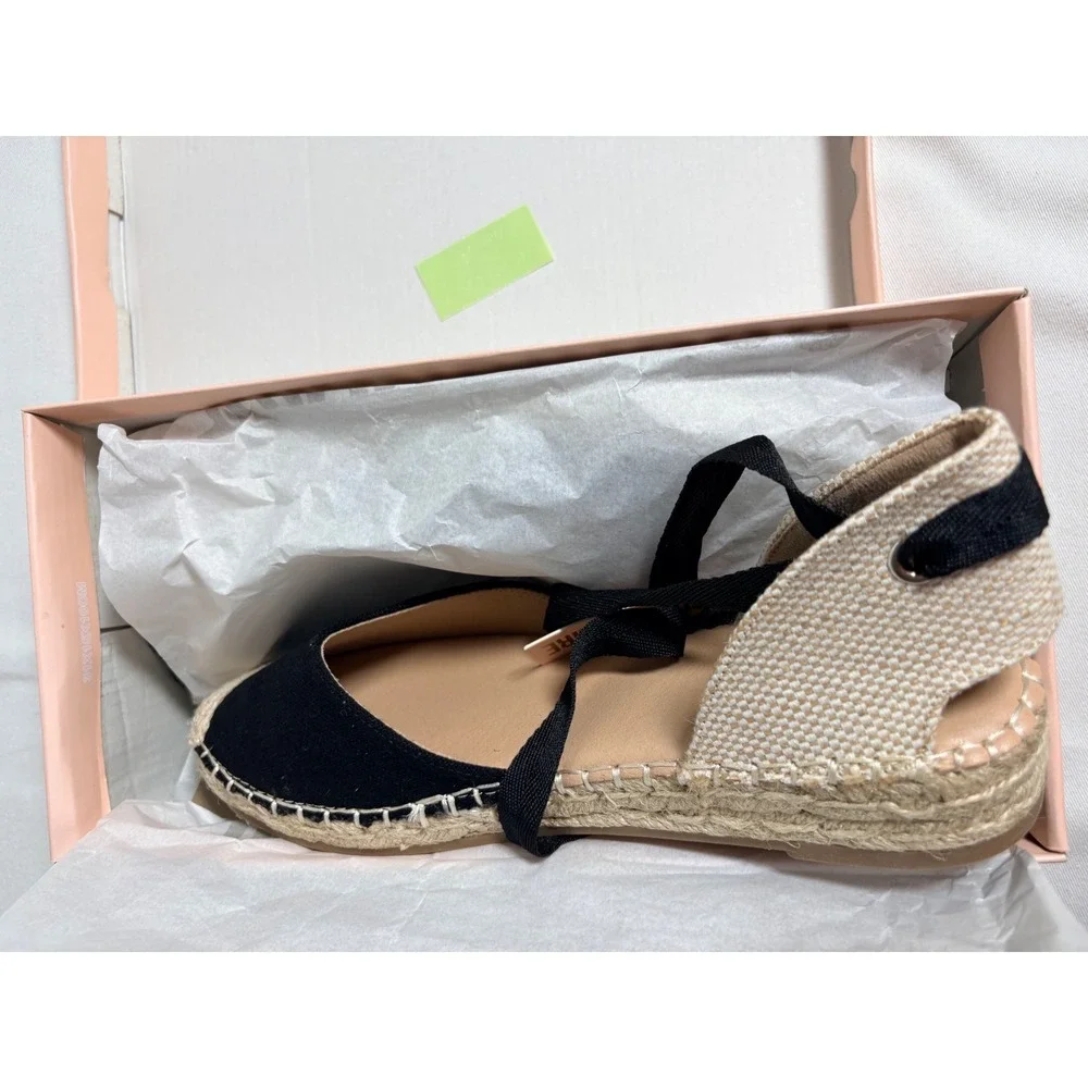 Cushionaire Talisa Espadrille Flats 8.5 Black New Lace Up Canvas Jute Ribbon